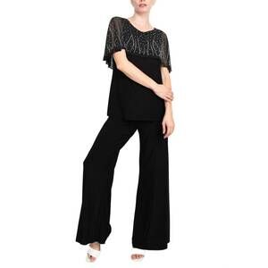 NEW MARINA boat neck embellished capelet sleeve top & wide leg pant set in black